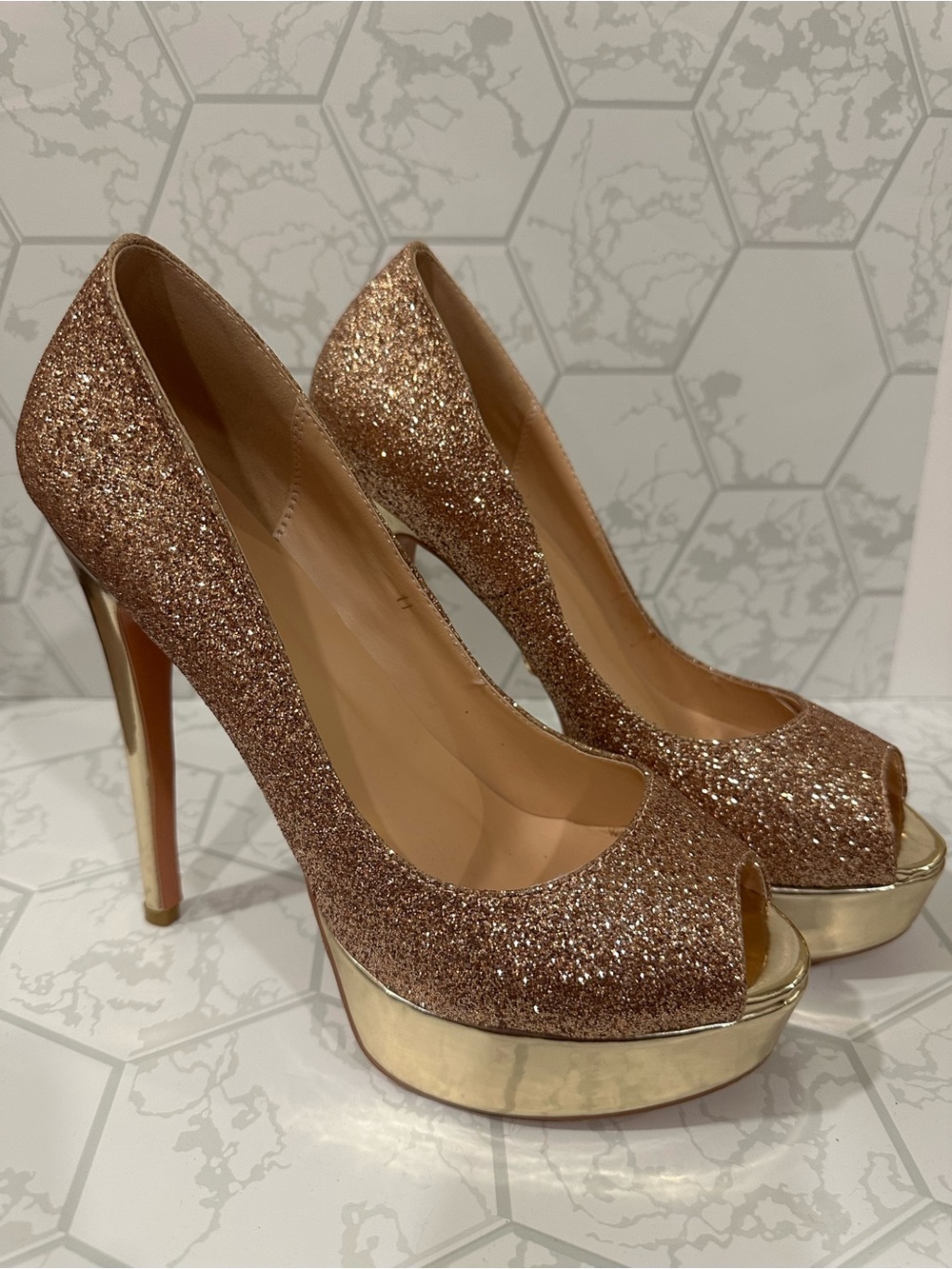 Glitter Peep-Toe Platform Heels in Rose Gold